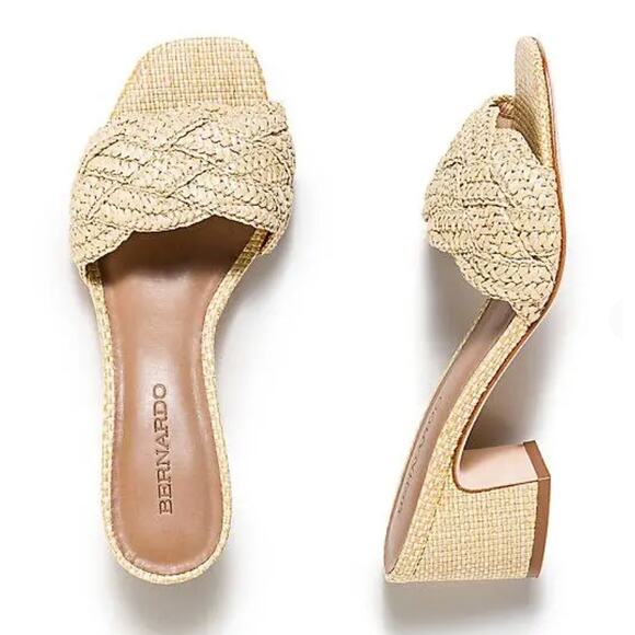Bernardo Bali Heeled Mule Sandals Light Natural Woven Raffia Size 9.5 NIB Summer - Picture 1 of 14